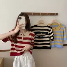 Design sentimento cuidadoso máquina botão Halter curto camiseta feminina camisa POLO contraste cor listrado de manga cur