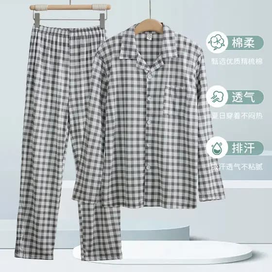 Primavera verão pijamas masculinos de algodão Cardigan Plus Size xadrez calças de manga curta masculino Homewear terno