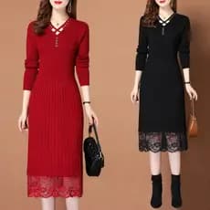 Outono inverno vestido de malha de comprimento médio 2025 novo estilo camisa de fundo feminina moda renda sobre o joelho