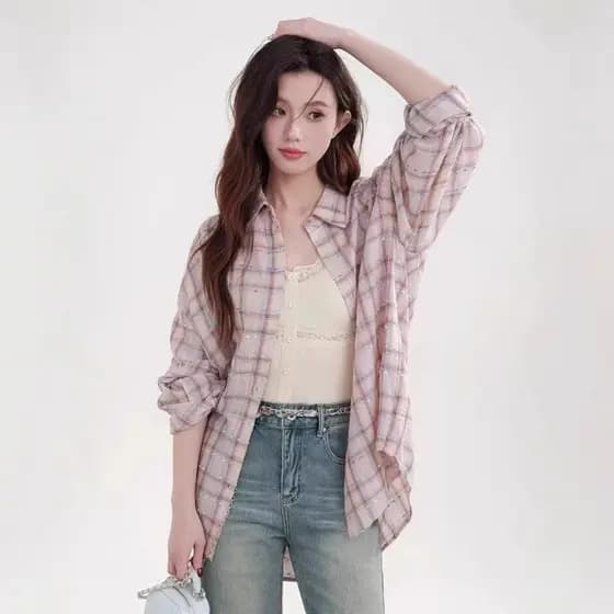 Camisa xadrez rosa jaqueta feminina 2025 novo estilo primavera outono estilo coreano solto manga comprida protetor solar