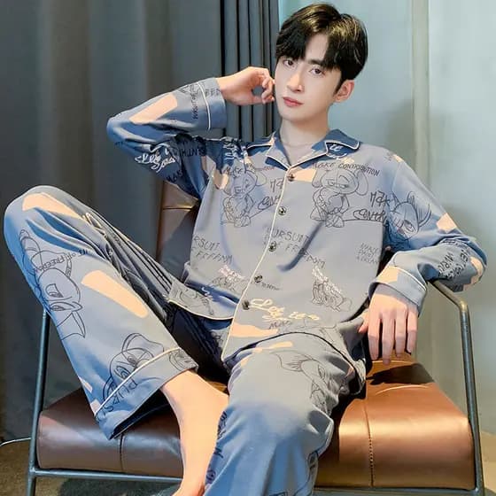 100% algodão pijamas masculinos outono Casual juventude dos desenhos animados Loungewear masculino pode usar fora terno