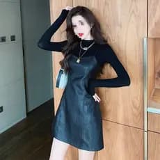 Saia de couro estilingue vestido de duas peças outono novo estilo cintura alta estilingue mais magro olhar saia de manga