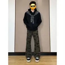 Americano Retro camuflagem macacão Jeans masculino primavera outono perna reta ligeiramente calças mais magro olhar solt