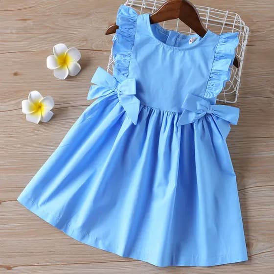 Verão coreano menina vestido de algodão puro manga voadora saia plissada Bowknot menina moda colete saia