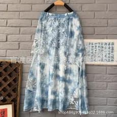 Literário Tie-Dye azul-tingimento estilo étnico e grande renda Irregular saia longa saia de praia viagem grande balanço