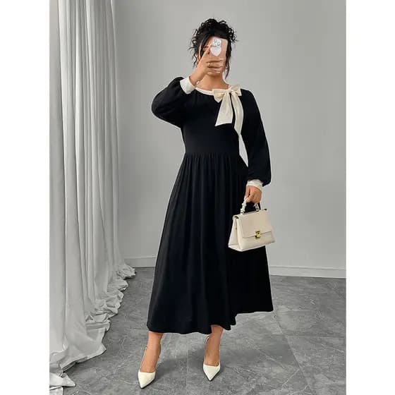 Vestido de laço com gola redonda, roupas étnicas, manga comprida, cintura alta, aparência mais fina, temperamento elegan
