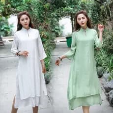 2025 Primavera Verão Novo Estilo Vestido de Linho de Algodão Literário Retro Estilo Chinês Comprimento Médio Falso Vesti