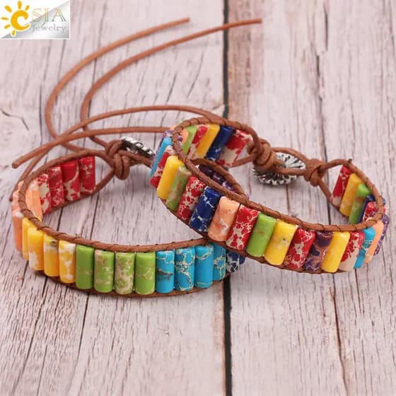Popular 6mm imperador pedra contas cilíndricas corda de couro pulseira feminina boêmio arco-íris pedra contas jóias