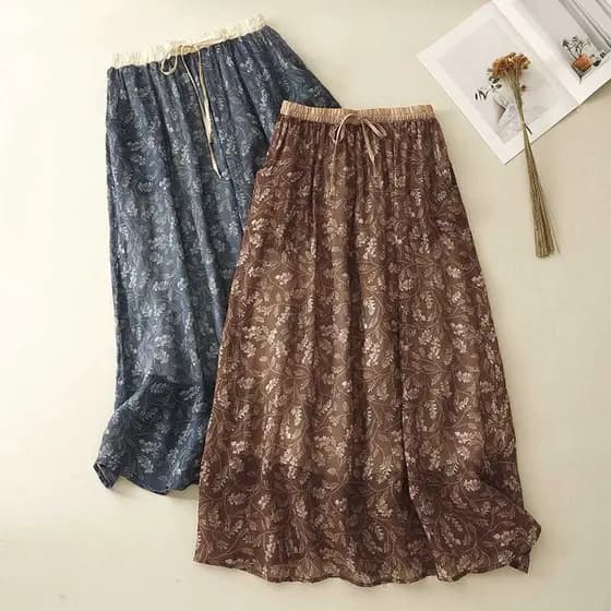 Impresso Ramie cintura alta A linha saia forro estilo chinês Floral novo chinês Retro saia de comprimento médio feminino