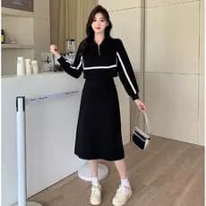 Primavera outono Plus Size gola polo ligeiramente gorda falso vestido de manga comprida de duas peças mais magro olhar c