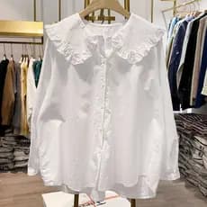 Camisa branca de algodão feminina primavera outono novo estilo solto All-Match moda elegante gola boneca camisa topo