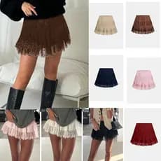 Minissaia feminina de alta qualidade simples All-Match Casual renda costura cintura alta