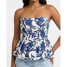 Blusa tomara que caia feminina, estampada azul costa lastex
