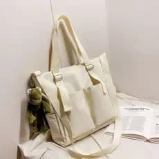 Envio _ Bolsa de lona de ombro de grande capacidade com vários bolsos de cor lisa Bolsa de ombro Bolsa de moda simples B
