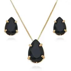 Kit Colar e Brinco Pedra Zircônia Preto Cordão Veneziano Banhado A Ouro 18k