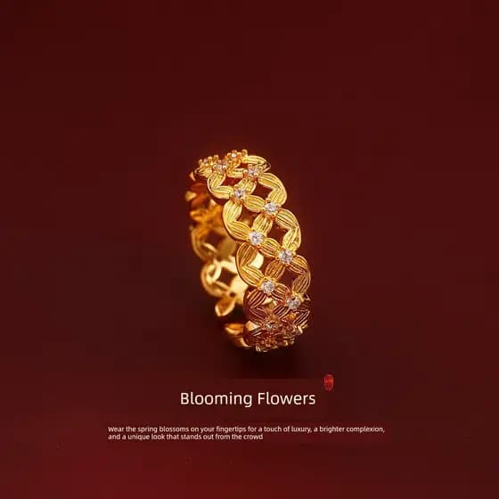 anel de namoro anel Anel aberto de moeda de seda com flor de zircônia dourada, anel feminino leve de luxo de alta qualid