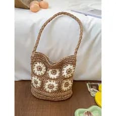 Bolsa bolsa femenina Literário pequena flor fresca palha tecido saco feminino de um ombro balde saco férias praia saco A