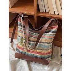 bolsa feminina bolsa femenina Verão tecido balde saco feminino 2026 novo estilo colorido palha bolsa de ombro à beira-ma