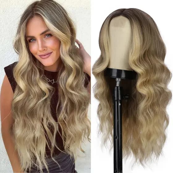 Novo produto mecanismo de peruca fibra química cabelo senhoras chapelaria marrom gradiente ouro médio longo encaracolado