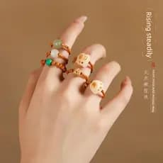 anel de namoro anel Novo estilo chinês anel Natural feminino pedra de oliveira anel de cauda de bambu Wenwan Hanfu acess
