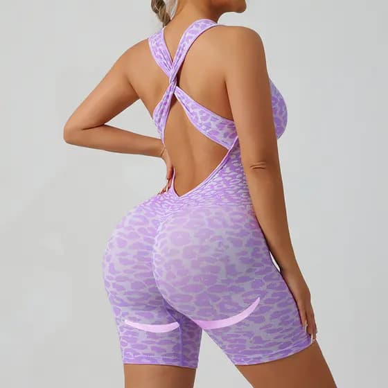 Macacão fitness feminino com estampa de leopardo, design sem costura com detalhe cruzado, top esportivo para academia e