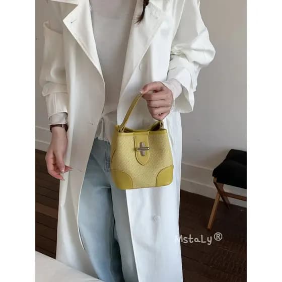 bolsa feminina bolsa transversal feminino Estilo fresco imitação de palha textura costura balde saco pode ser portátil d