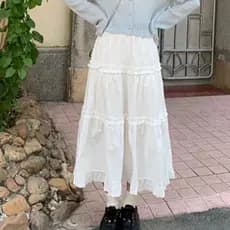 Saia preta branca com borda de renda bolo saia longa feminina primavera cintura alta Mori Design saia evasê