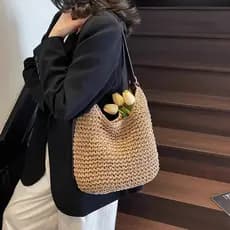 bolsa femenina bolsa feminina UR balde saco de palha tecido saco senhoras 2026 novo estilo verão beira-mar férias praia