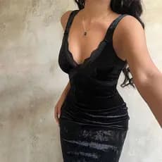 Francês romântico veludo renda costura com decote em V sem mangas vestido saia magro ajuste Hip-embalado Fishtail saia l