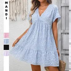 2026 verão novo estilo feminino solto Casual elegante vestido xadrez de manga curta