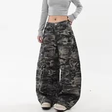Americano High street camuflagem macacão de perna larga feminino street Wear Design solto Casual reto Machete Jeans masc