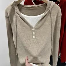 Primavera 2026 novo estilo camisola botão falso de duas peças estilo coreano com decote em V camisola de manga comprida