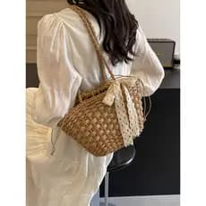 Bolsa bolsa femenina Pastoral palha tecido ilha saco feminino 2025 novo estilo outono férias tecido praia saco cordão ba
