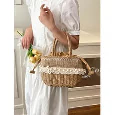 bolsa femenina bolsa transversal feminino 2025 novo estilo Mori literário artesanal praia beira-mar férias saco de palha