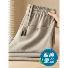 High-End linho amoreira seda calças esportivas masculinas verão fino luz luxo Sweatpants masculino solto perna larga gel