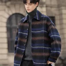 Xadrez dupla face de lã masculino casaco curto adolescente estudante camisa Casual estilo Alpaca casaco de lã