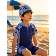 Meninos Split maiô beira-mar maiô praia férias maiô infantil de manga curta maiô de treinamento