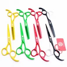 Tesoura de cabeleireiro amarelo verde preto branco vermelho ferramentas de cabeleireiro corte plano franja dentes corte