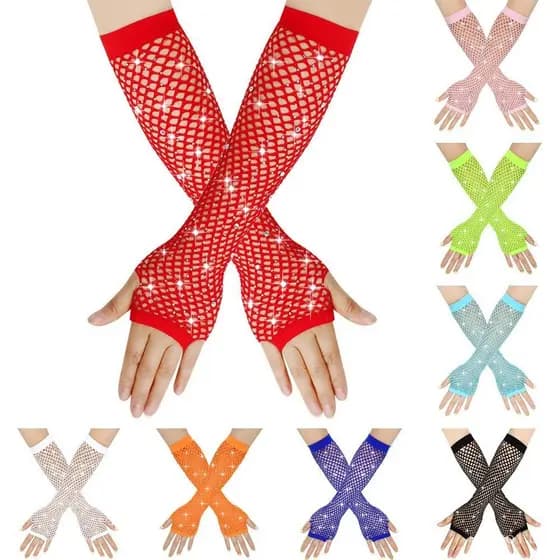 Luvas longas sem dedos em rede, com design de manga para o braço, adornadas com malha de strass brilhante.