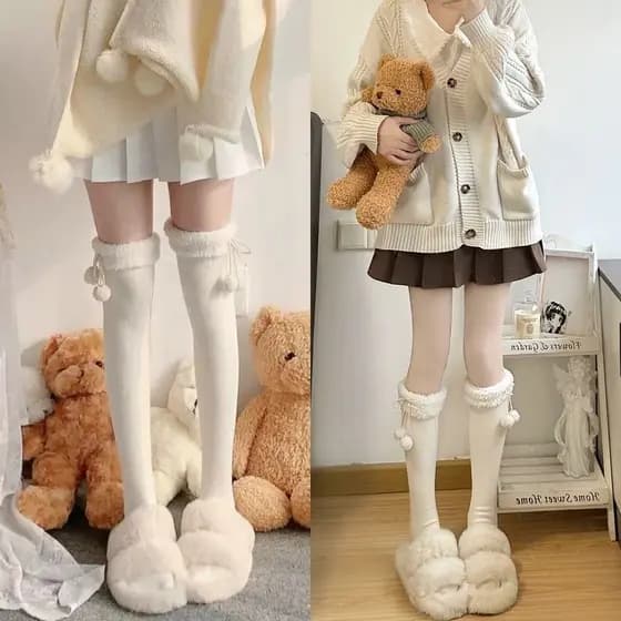 Leite branco bezerro meias femininas outono inverno engrossado quente Bowknot lã bola tubo médio na altura do joelho mei