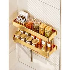 Prateleira de cozinha dourada sem perfuração, rack de condimentos, montagem na parede, multifuncional, doméstico, rack d