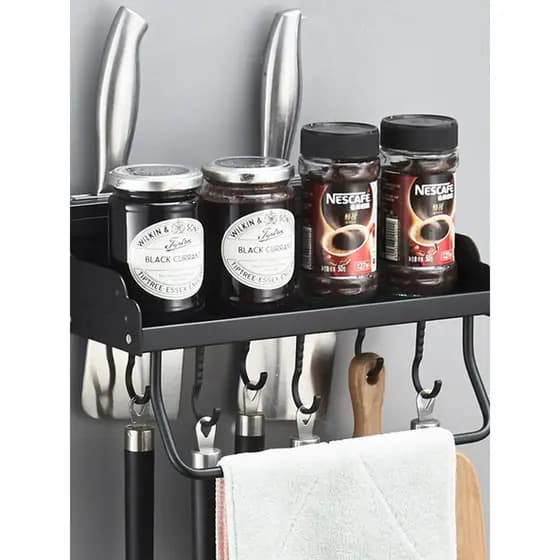 Rack de cozinha preto espaço alumínio faca rack tempero rack de armazenamento montado na parede rack de utensílios de co