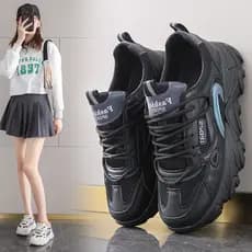 Tênis de couro feminino papai sapatos 2026 novo estilo estudante tênis primavera malha respirável senhoras preto sapatos