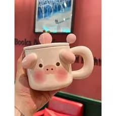 Caneca de alto valor para meninas com tampa, colher, copo de cerâmica, criativo, fofo, doméstico, copo de café, café da