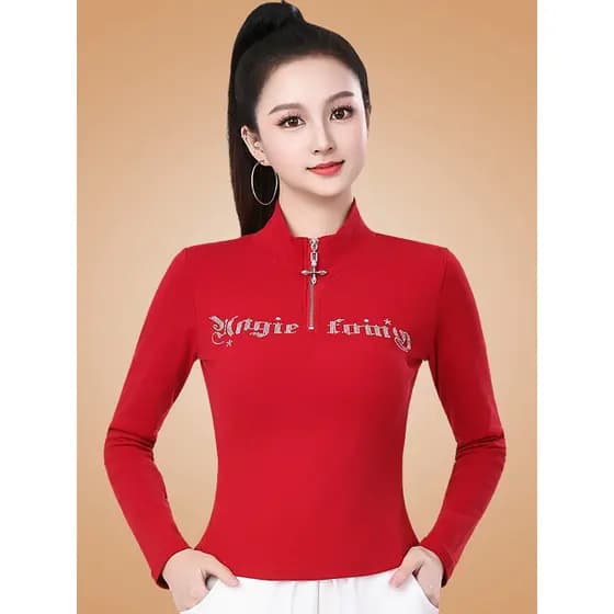 Roupas de dança quadrada meio zíper de manga comprida topo feminino esportes fitness roupas de dança diamante quente fit