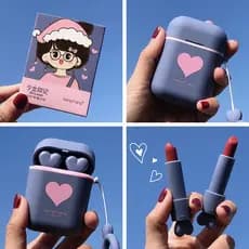 Hengfang fone de ouvido de desenho animado, tubo duplo, batom fosco, batom feminino, portátil, barato, conjunto de estud