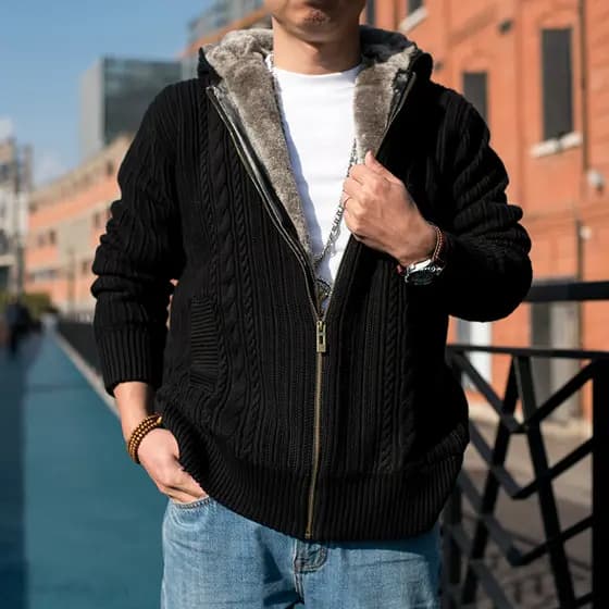 W Suéter masculino de inverno com zíper cardigã engrossado de lã com capuz suéter masculino