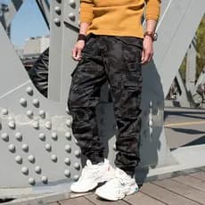 Calças masculinas de primavera com vários bolsos, calças camufladas da moda, tamanho grande, faixa no tornozelo, calças