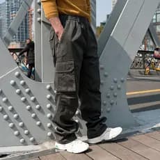 Cintura elástica perna larga calças casuais dos homens tamanho grande cityboy tridimensional bolso quadrado macacão em l