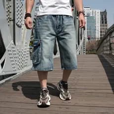 Verão Plus Size Denim Shorts masculino Multi-bolso macacão Hip-Hop solto calças de skate perna larga